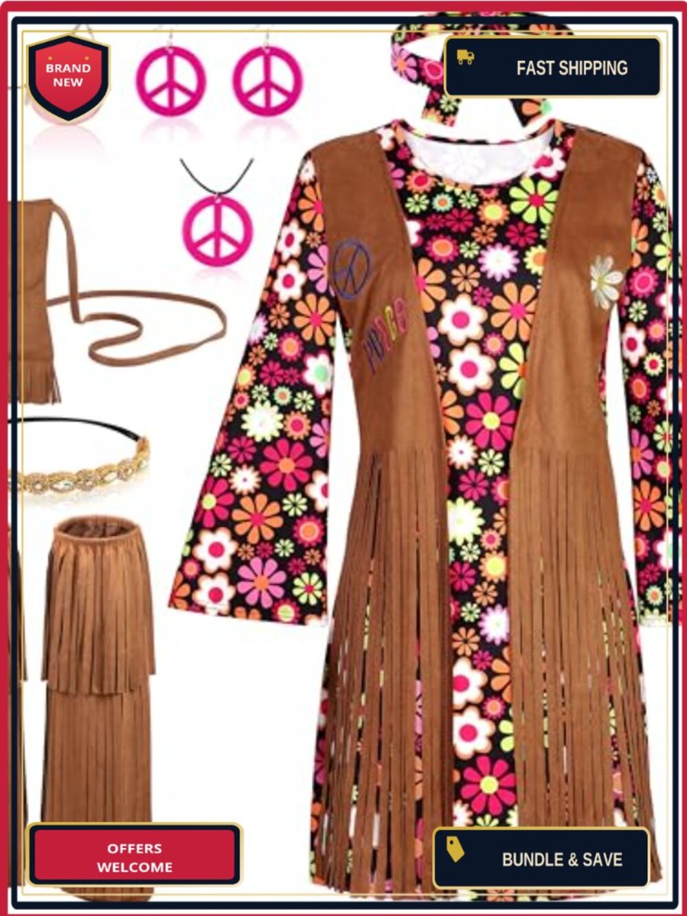 8 Piece 70s Women Hippie Costume Set Peace Sign Jewelry Faux Suede Disco